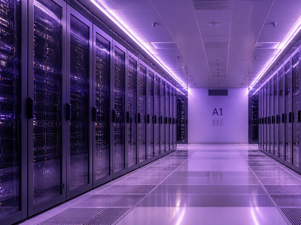 Data center aisle representing fnaweb managed infrastructure